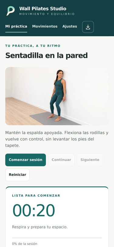 Conoce el Wall Pilates Studio — pantalla real de la aplicación
