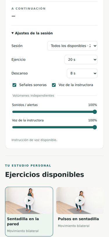 Pantalla real de la aplicación: ajustes de la práctica